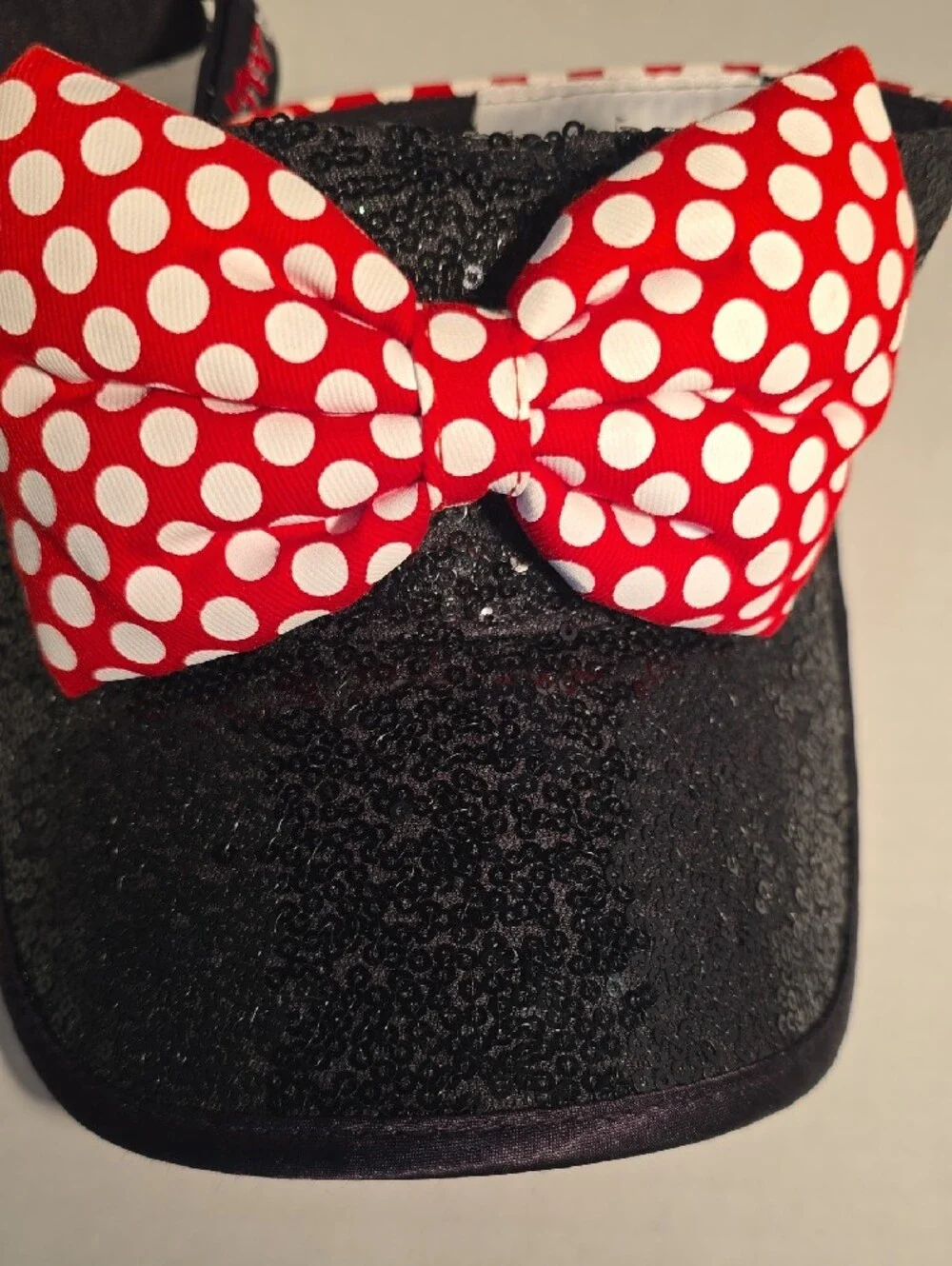 Disney Black Visor Cap with Red White Polka Dot Bow. FABOWLOUS.